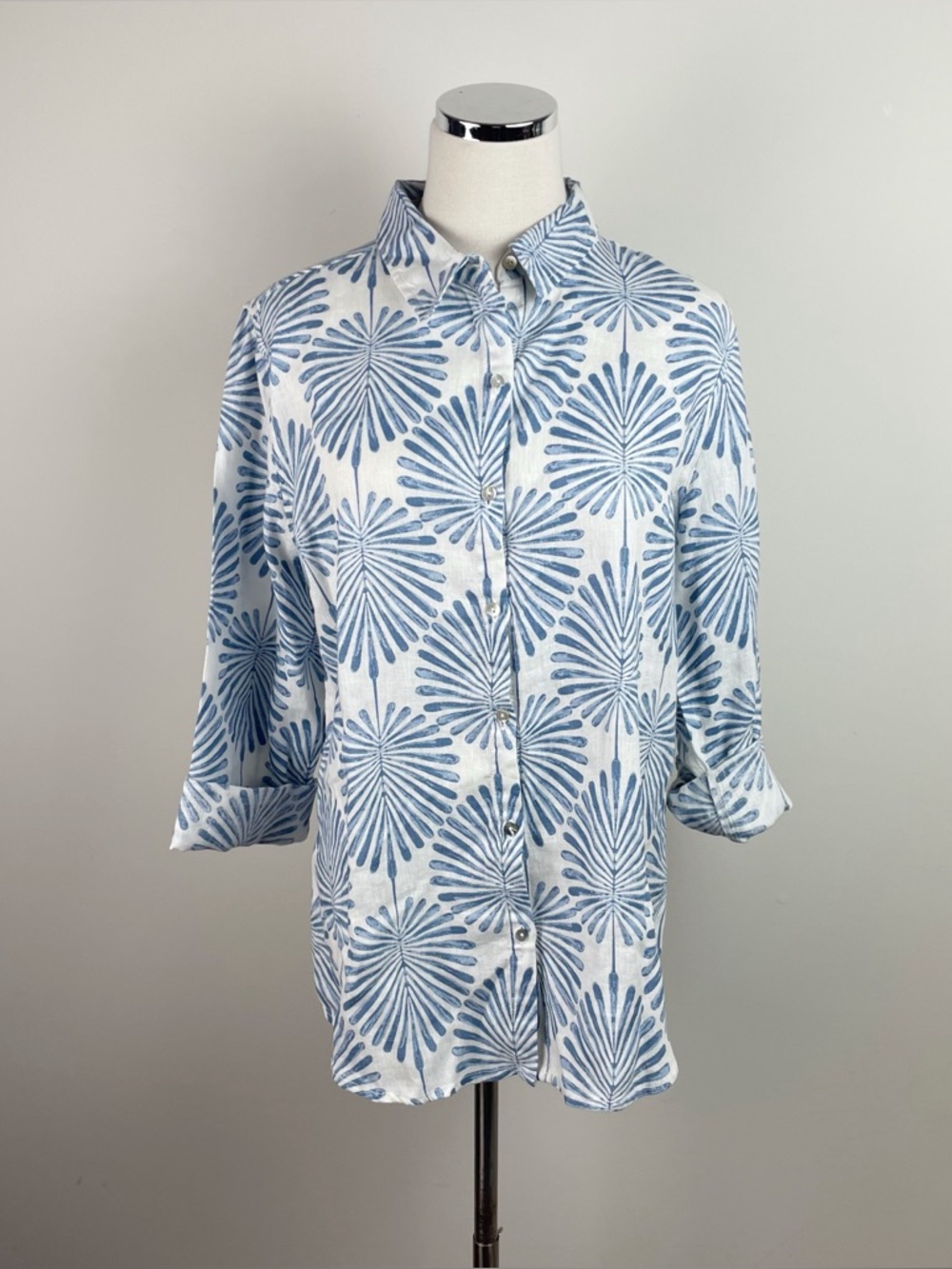 Joie Blue White Tropical Floral Collared Button Down Shirt Top Women Linen Large